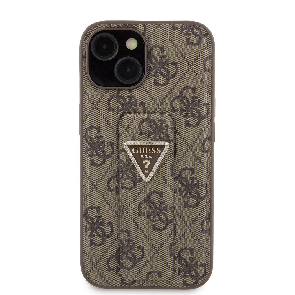 Futrola za Apple iPhone 15, Guess, Grip Stand 4G Triangle Strass, Smeđa