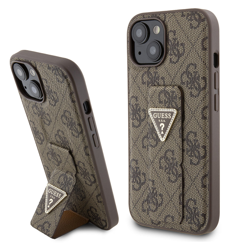 Futrola za Apple iPhone 15, Guess, Grip Stand 4G Triangle Strass, Smeđa