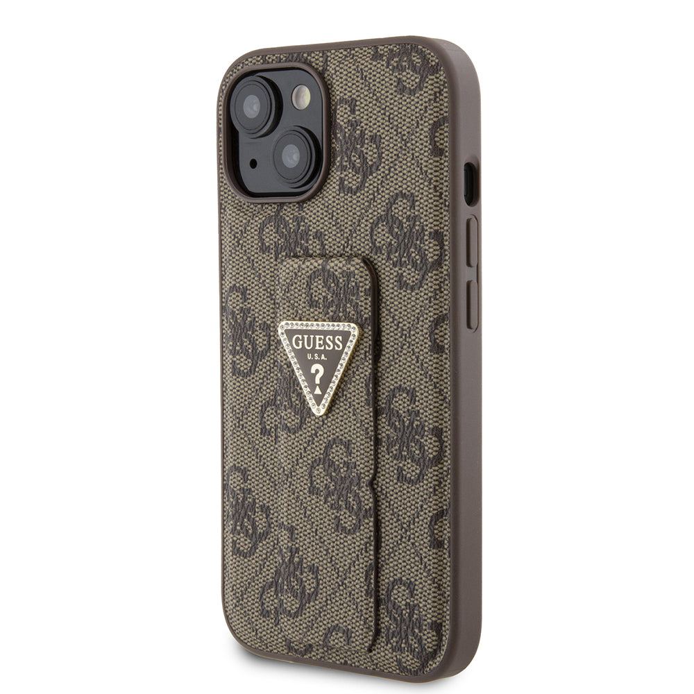 Futrola za Apple iPhone 15, Guess, Grip Stand 4G Triangle Strass, Smeđa