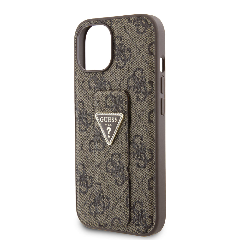 Futrola za Apple iPhone 15, Guess, Grip Stand 4G Triangle Strass, Smeđa