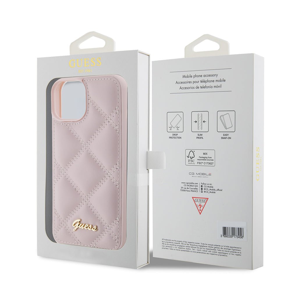 Futrola za Apple iPhone 15, Guess, Quilted Metal Logo, Roza