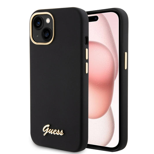Futrola za Apple iPhone 15, Guess, Script Metal Logo & Frame, Crna