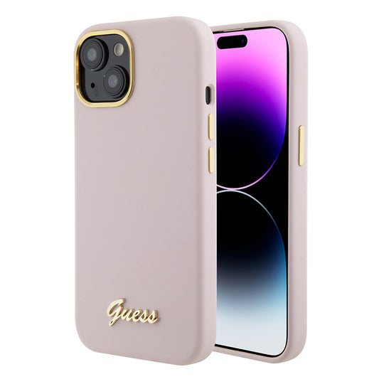 Futrola za Apple iPhone 15, Guess, Script Metal Logo & Frame, Svijetlo roza