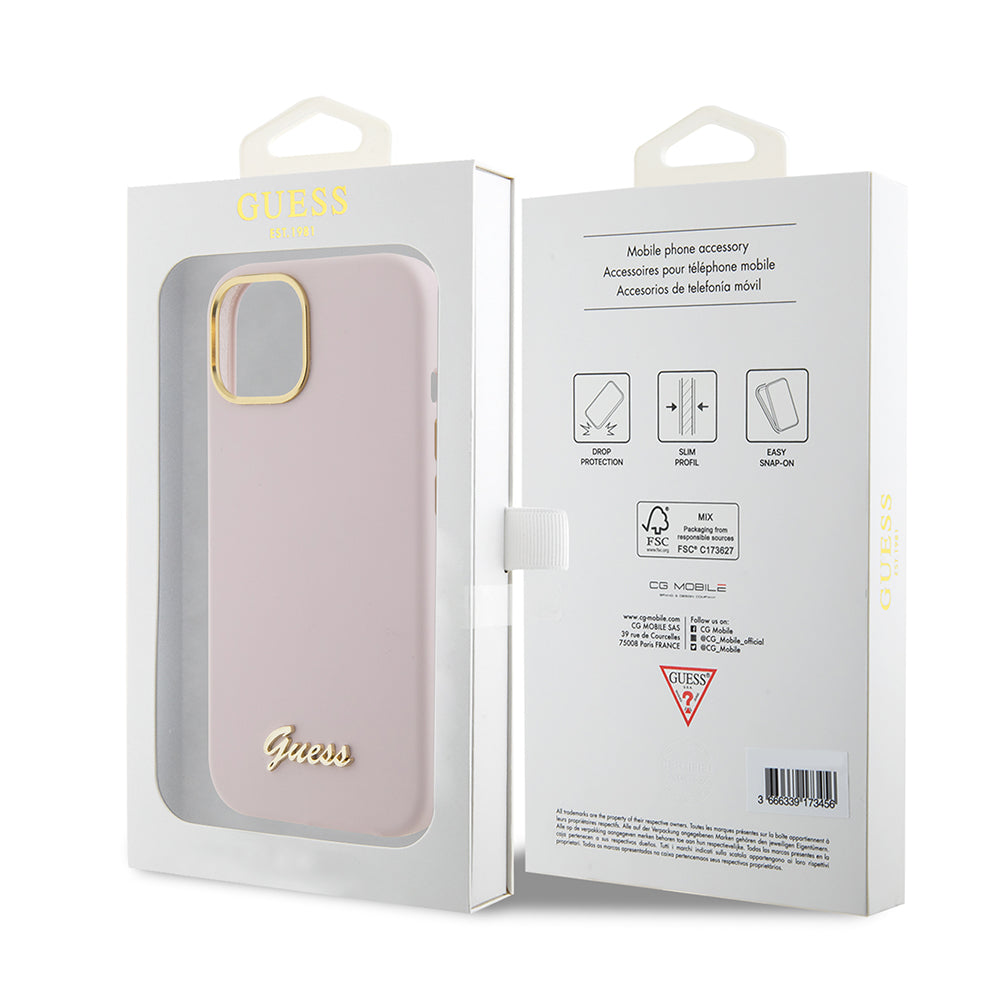 Futrola za Apple iPhone 15, Guess, Script Metal Logo & Frame, Svijetlo roza