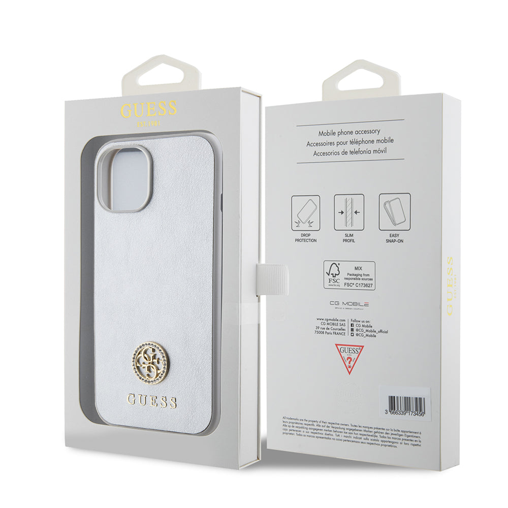 Futrola za Apple iPhone 15, Guess, Strass Metal Logo, Srebrna