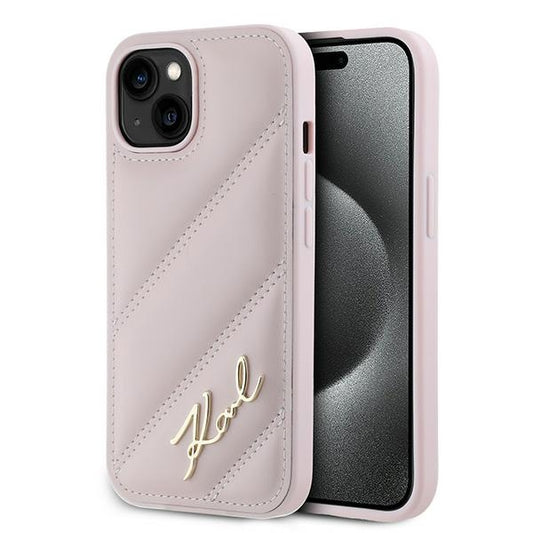 Futrola za Apple iPhone 15, Karl Lagerfeld, Diagonal Quilted Script, Roza