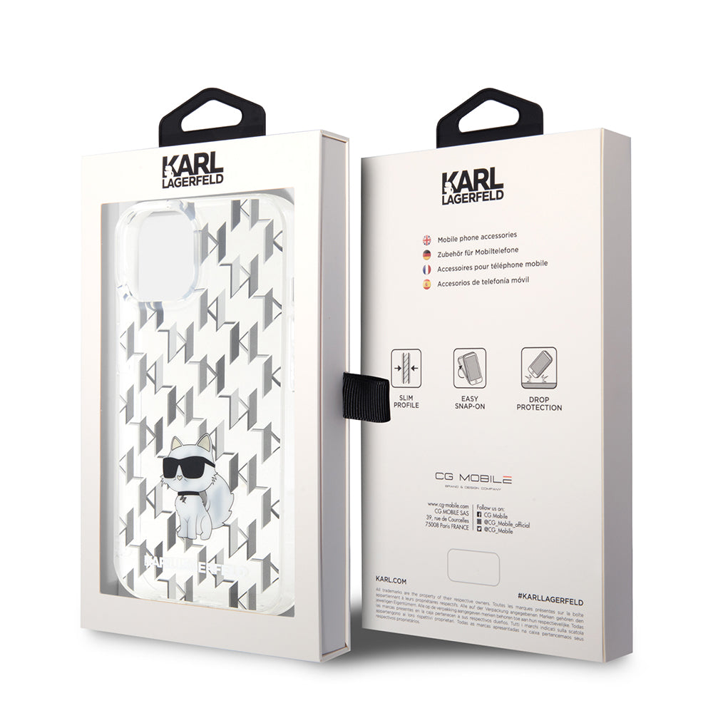 Futrola za Apple iPhone 15, Karl Lagerfeld, Monogram Choupette, Prozirna