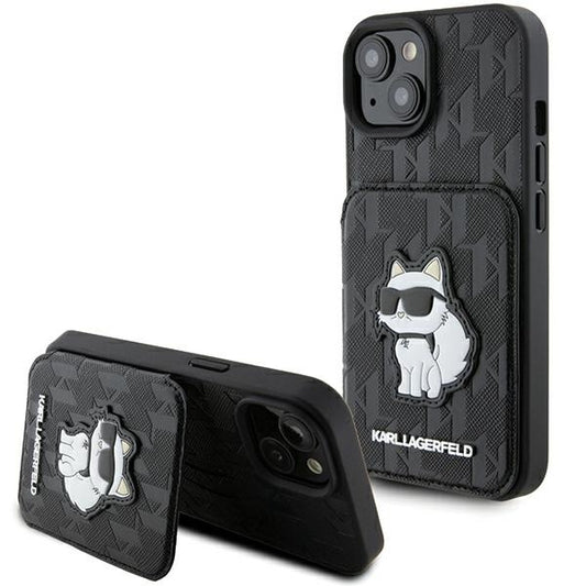 Futrola za Apple iPhone 15, Karl Lagerfeld, Saffiano Cardslots and Stand Monogram Choupette, Crna