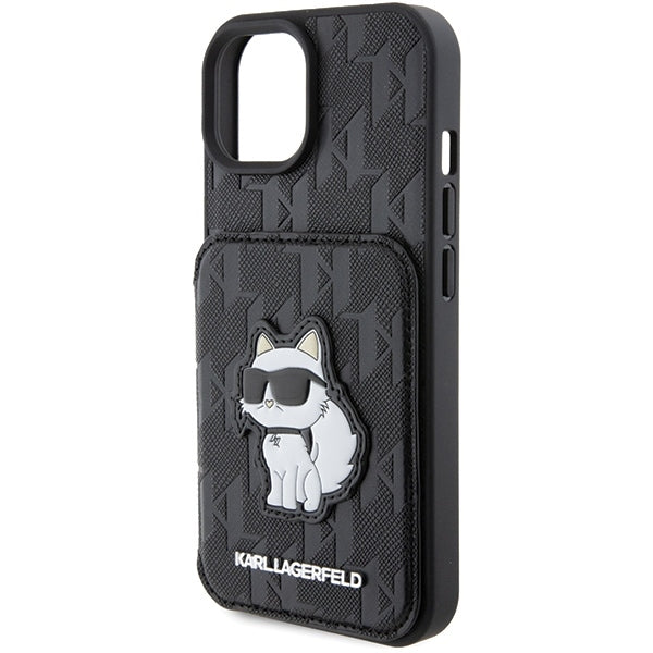 Futrola za Apple iPhone 15, Karl Lagerfeld, Saffiano Cardslots and Stand Monogram Choupette, Crna