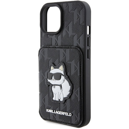 Futrola za Apple iPhone 15, Karl Lagerfeld, Saffiano Cardslots and Stand Monogram Choupette, Crna