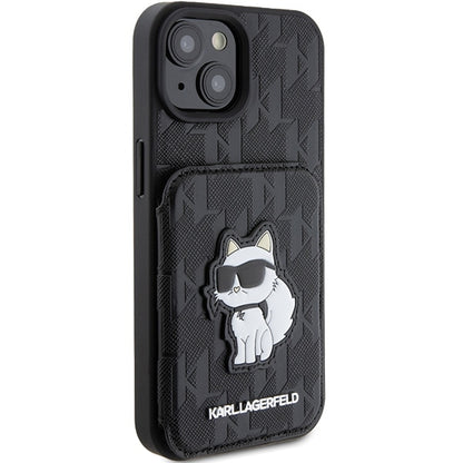 Futrola za Apple iPhone 15, Karl Lagerfeld, Saffiano Cardslots and Stand Monogram Choupette, Crna
