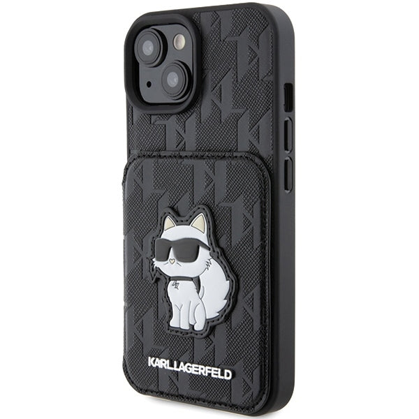 Futrola za Apple iPhone 15, Karl Lagerfeld, Saffiano Cardslots and Stand Monogram Choupette, Crna