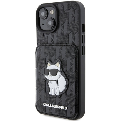 Futrola za Apple iPhone 15, Karl Lagerfeld, Saffiano Cardslots and Stand Monogram Choupette, Crna