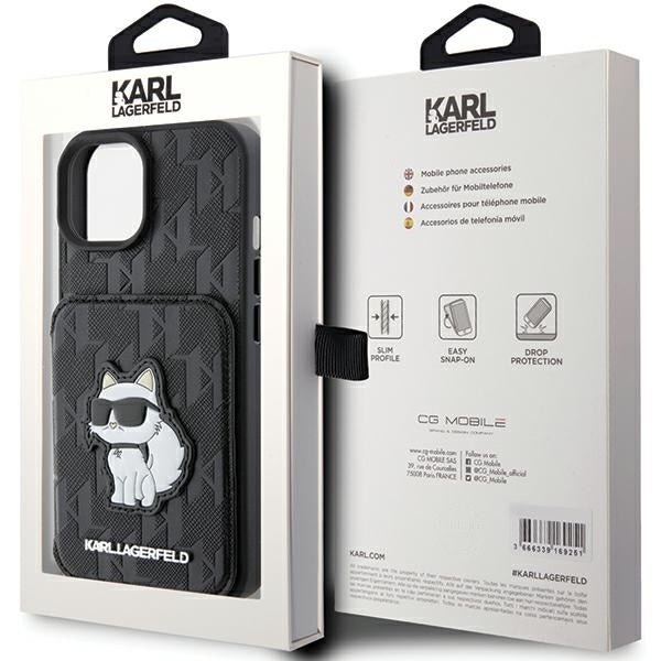 Futrola za Apple iPhone 15, Karl Lagerfeld, Saffiano Cardslots and Stand Monogram Choupette, Crna