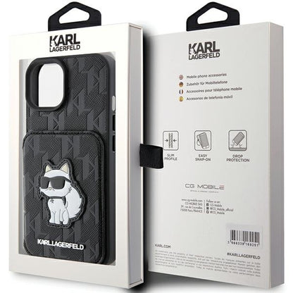 Futrola za Apple iPhone 15, Karl Lagerfeld, Saffiano Cardslots and Stand Monogram Choupette, Crna