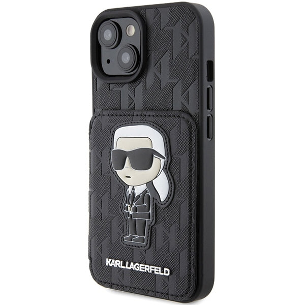 Futrola za Apple iPhone 15, Karl Lagerfeld, Saffiano Cardslots and Stand Monogram Ikonik Karl, Crna