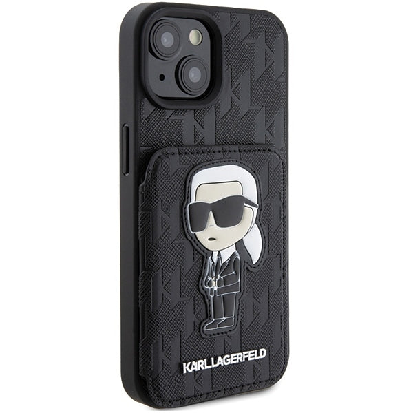 Futrola za Apple iPhone 15, Karl Lagerfeld, Saffiano Cardslots and Stand Monogram Ikonik Karl, Crna
