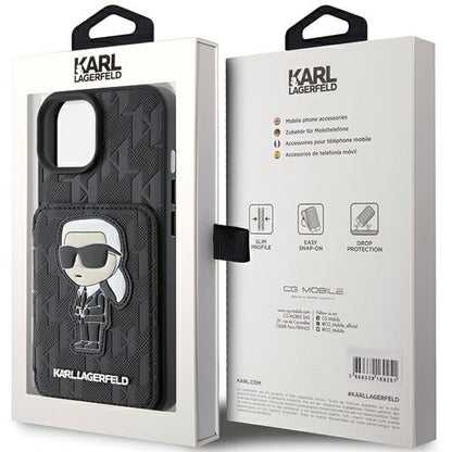 Futrola za Apple iPhone 15, Karl Lagerfeld, Saffiano Cardslots and Stand Monogram Ikonik Karl, Crna