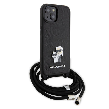 Futrola za Apple iPhone 15, Karl Lagerfeld, Saffiano Crossbody Metal Pin Karl & Choupette, Crna