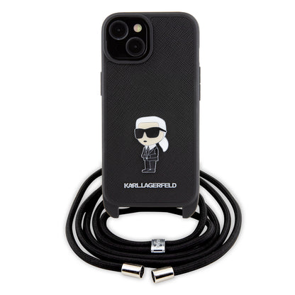 Futrola za Apple iPhone 15, Karl Lagerfeld, Saffiano Crossbody Monogram Metal Pin Karl, Crna