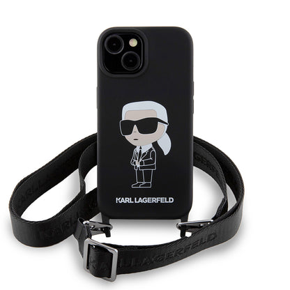 Futrola za Apple iPhone 15, Karl Lagerfeld, Silikonska Crossbody Ikonik Karl, Crna
