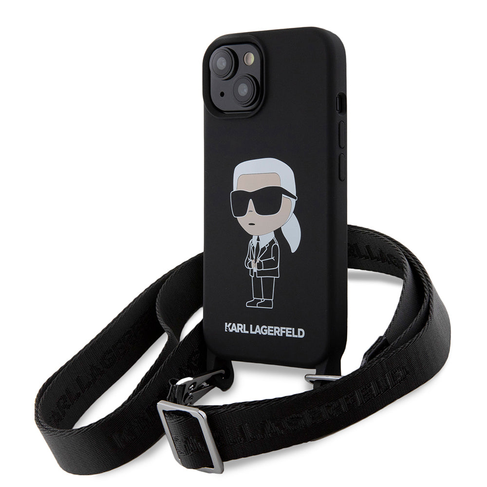 Futrola za Apple iPhone 15, Karl Lagerfeld, Silikonska Crossbody Ikonik Karl, Crna