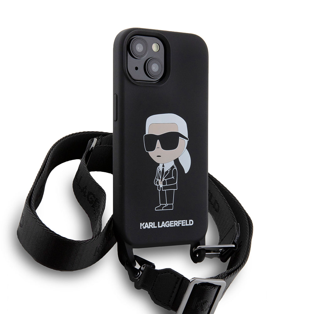 Futrola za Apple iPhone 15, Karl Lagerfeld, Silikonska Crossbody Ikonik Karl, Crna