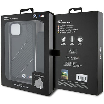 Maska za Apple iPhone 15 Plus, BMW, M Edition Carbon Stripe & Strap, Crna