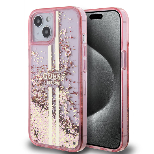 Futrola za Apple iPhone 15 Plus, Guess, Liquid Glitter Gold Stripes, Roza