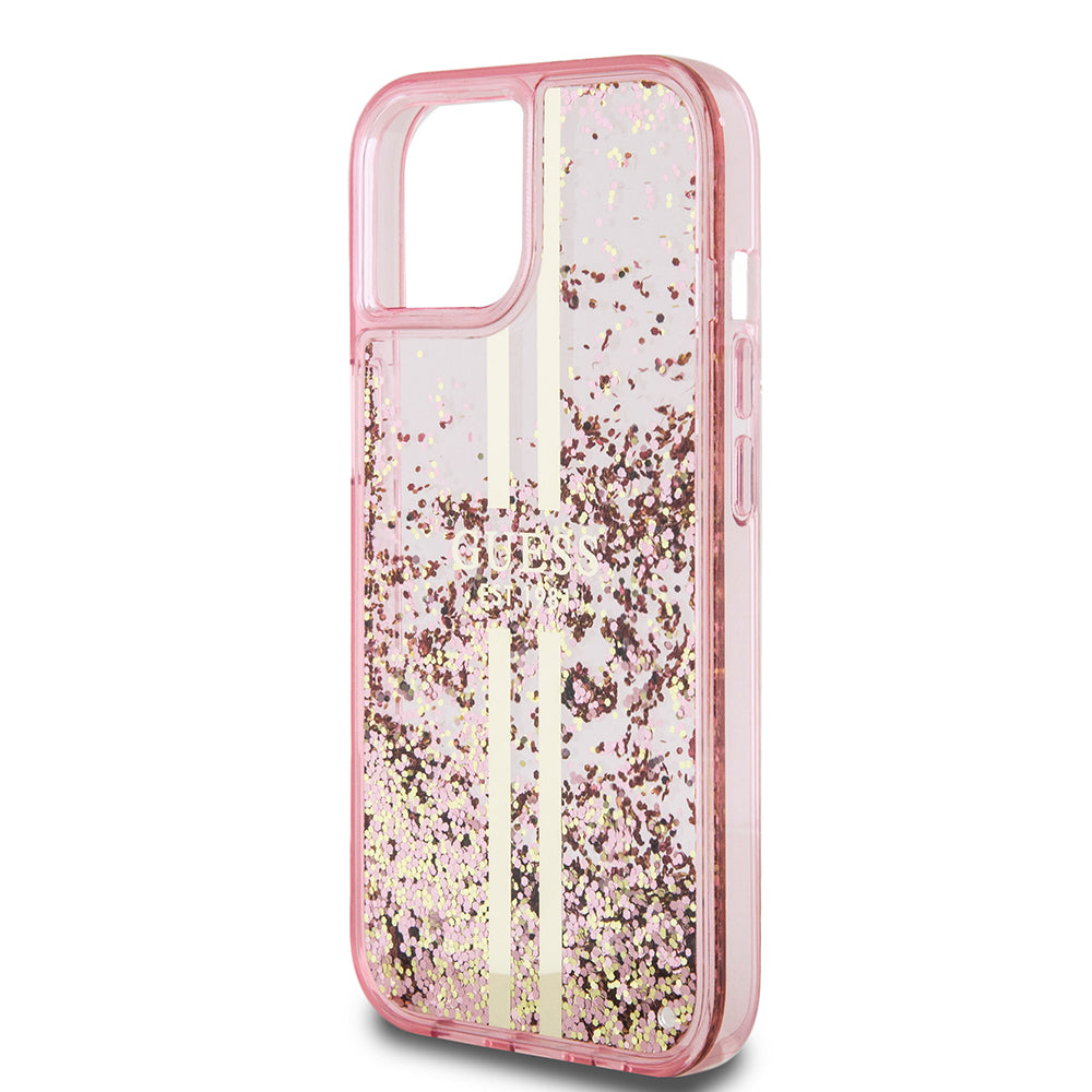 Futrola za Apple iPhone 15 Plus, Guess, Liquid Glitter Gold Stripes, Roza