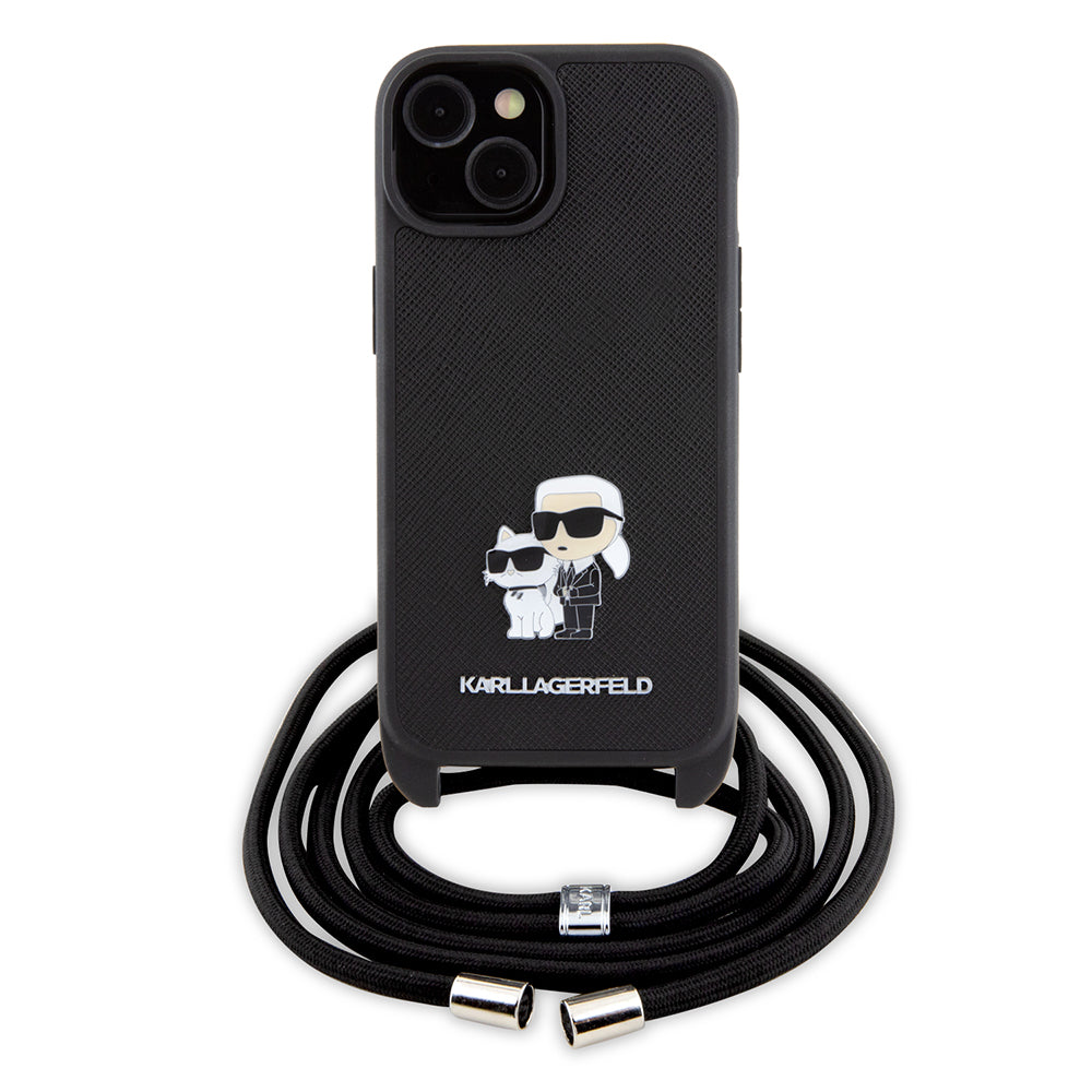 Futrola za Apple iPhone 15 Plus, Karl Lagerfeld, Saffiano Crossbody Metal Pin Karl & Choupette, Crna