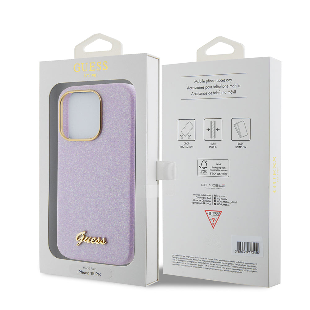 Futrola za Apple iPhone 15 Pro, Guess, Glitter Glossy Script, Svijetlo Ljubičasta