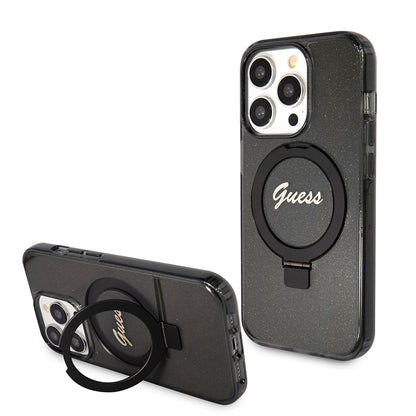 Futrola MagSafe za Apple iPhone 15 Pro, Guess, IML Ring Stand Glitter, Crna