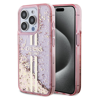 Futrola za Apple iPhone 15 Pro, Guess, Liquid Glitter Gold Stripes, Roza