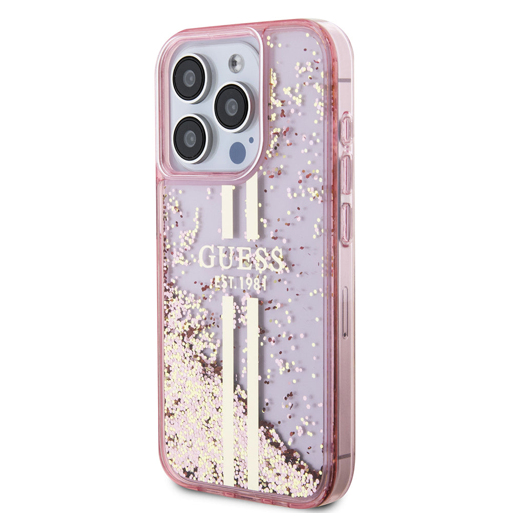 Futrola za Apple iPhone 15 Pro, Guess, Liquid Glitter Gold Stripes, Roza