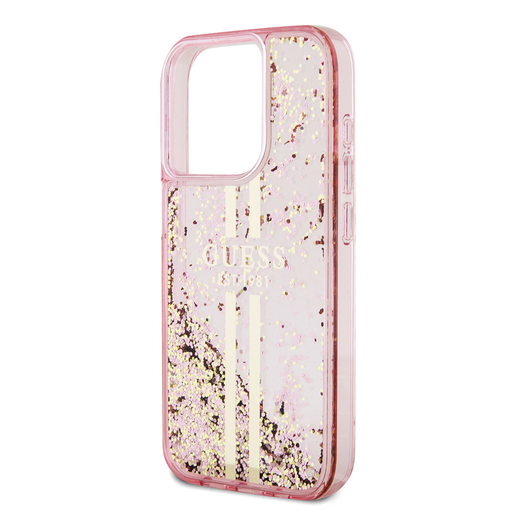 Futrola za Apple iPhone 15 Pro, Guess, Liquid Glitter Gold Stripes, Roza