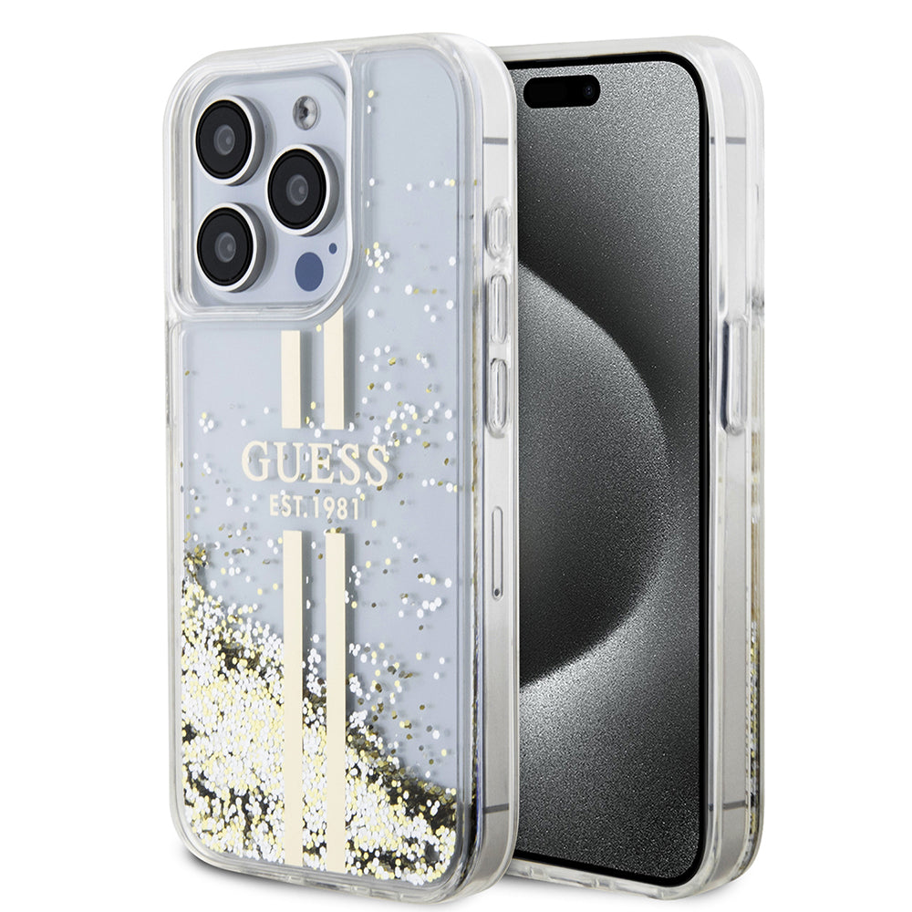 Futrola za Apple iPhone 15 Pro, Guess, Liquid Glitter Gold Stripes, Prozirna