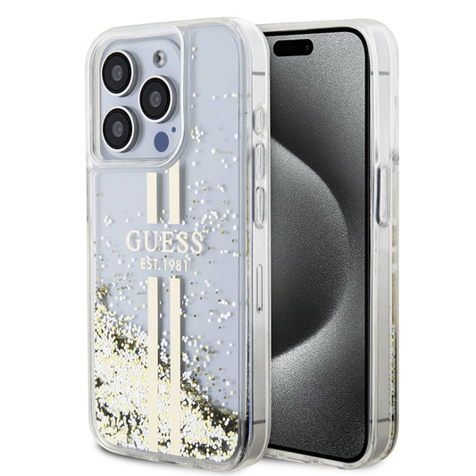 Futrola za Apple iPhone 15 Pro, Guess, Liquid Glitter Gold Stripes, Prozirna