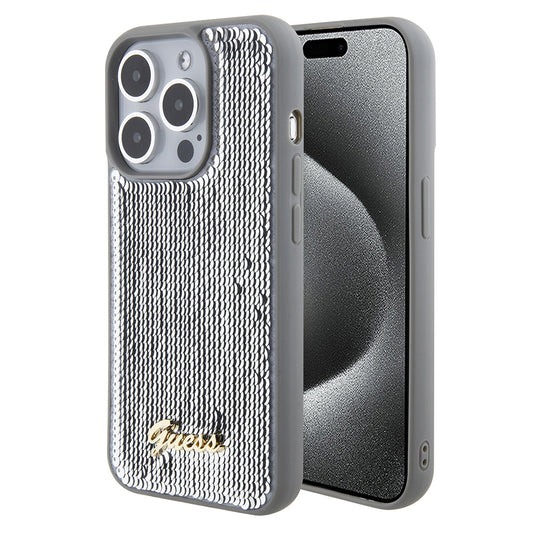 Futrola za Apple iPhone 15 Pro, Guess, Sequin Script Metal, Srebrna