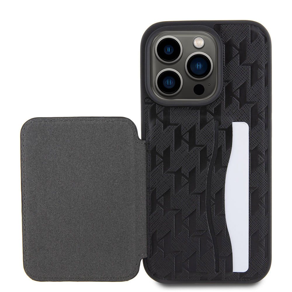 Futrola za Apple iPhone 15 Pro, Karl Lagerfeld, Saffiano Cardslots and Stand Monogram Choupette, Crna