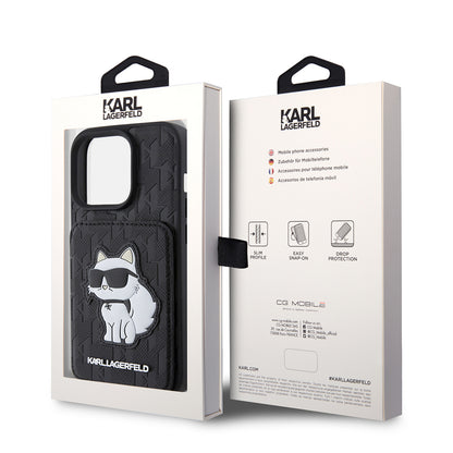 Futrola za Apple iPhone 15 Pro, Karl Lagerfeld, Saffiano Cardslots and Stand Monogram Choupette, Crna