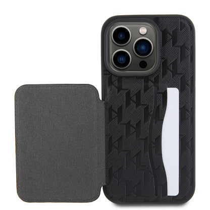 Futrola za Apple iPhone 15 Pro, Karl Lagerfeld, Saffiano Cardslots and Stand Monogram Ikonik Karl, Crna