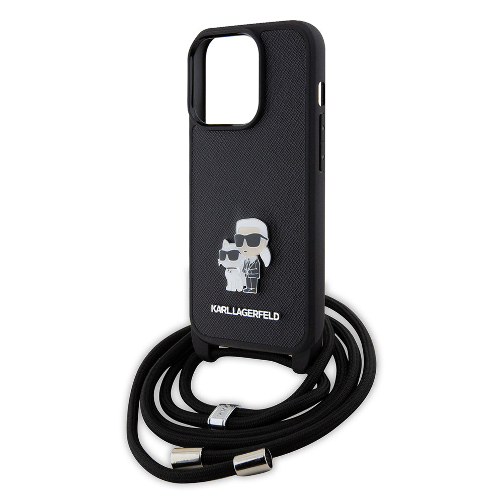 Futrola za Apple iPhone 15 Pro, Karl Lagerfeld, Saffiano Crossbody Metal Pin Karl & Choupette, Crna