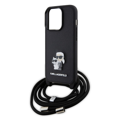 Futrola za Apple iPhone 15 Pro, Karl Lagerfeld, Saffiano Crossbody Metal Pin Karl & Choupette, Crna