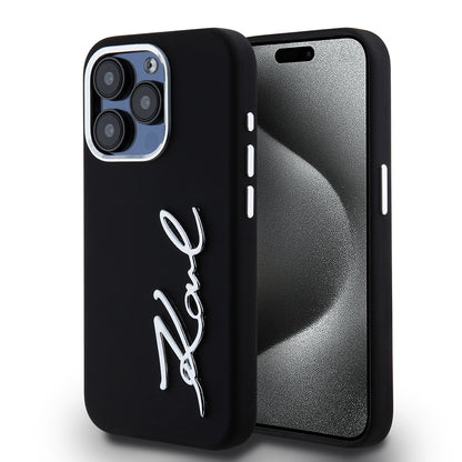 Futrola za Apple iPhone 15 Pro, Karl Lagerfeld, Silikonski metalni logo, Crna