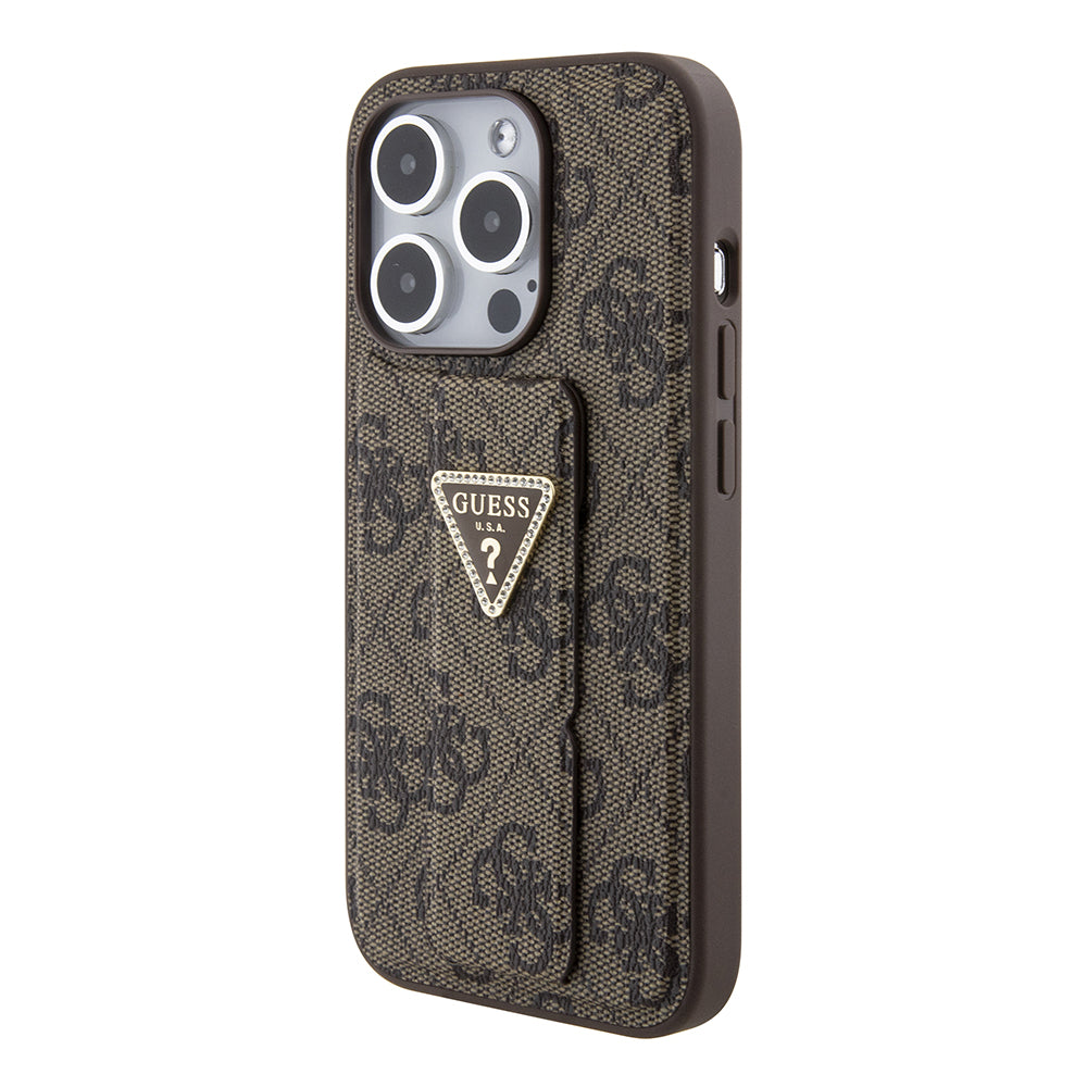 Futrola za Apple iPhone 15 Pro Max, Guess, Grip Stand 4G Triangle Strass, Smeđa