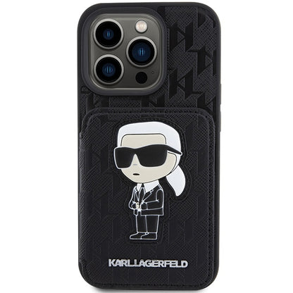Futrola za Apple iPhone 15 Pro Max, Karl Lagerfeld, Saffiano Cardslots and Stand Monogram Ikonik Karl, Crna