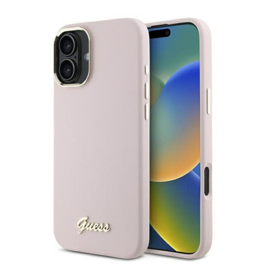 Futrola za Apple iPhone 16, Guess, Script Metal Logo & Frame, Roza