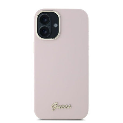 Futrola za Apple iPhone 16, Guess, Script Metal Logo & Frame, Roza