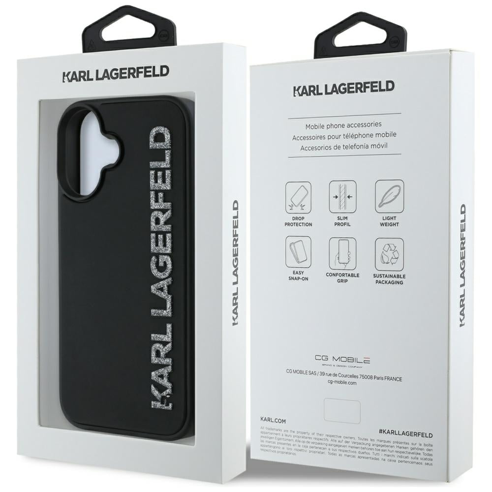 Futrola za Apple iPhone 16, Karl Lagerfeld, 3D Rubber Elongated Gliiter Logo, Crna